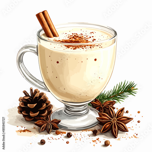 Festive Christmas eggnog drink in a glass mug with cinnamon sticks.