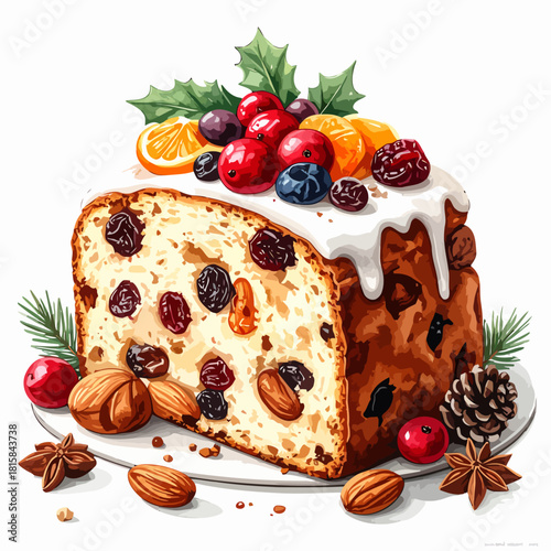Festive Christmas fruitcake slice with holiday decorations.