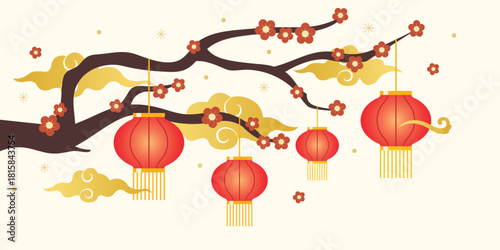 Chinese new year tree with hanging red Chinese lanterns and flowers. Decorations for the Chinese New Year. 