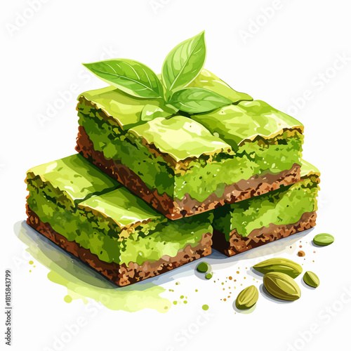 Watercolor illustration of delicious green pistachio baklava dessert.