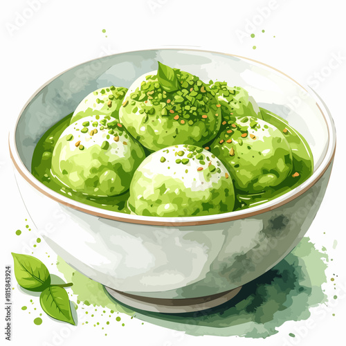 Delicious matcha mochi dessert in a white bowl.