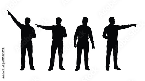 Male silhouettes pointing in various directions isolated on white background, Vector