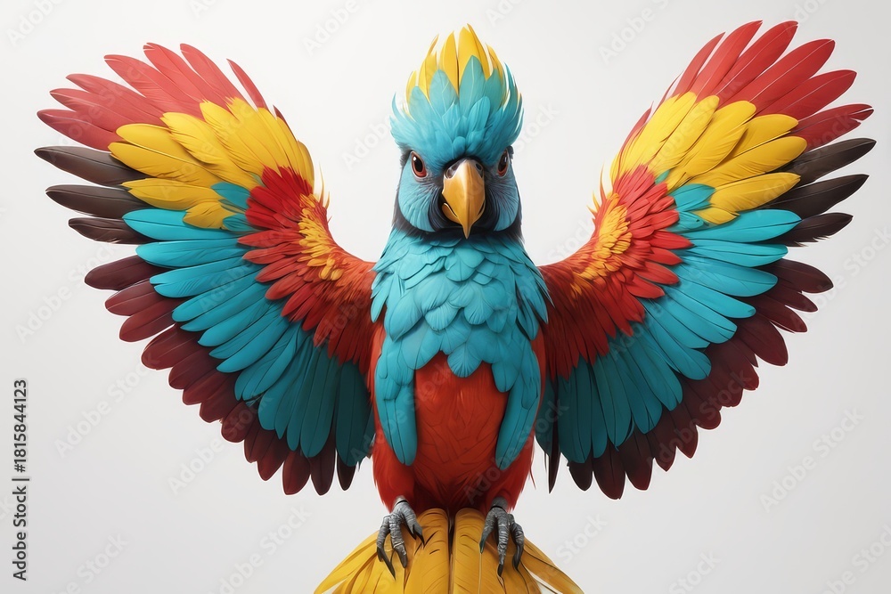 Obraz premium Vibrant, stylized illustration of a colorful parrot with spread wings, centered on white