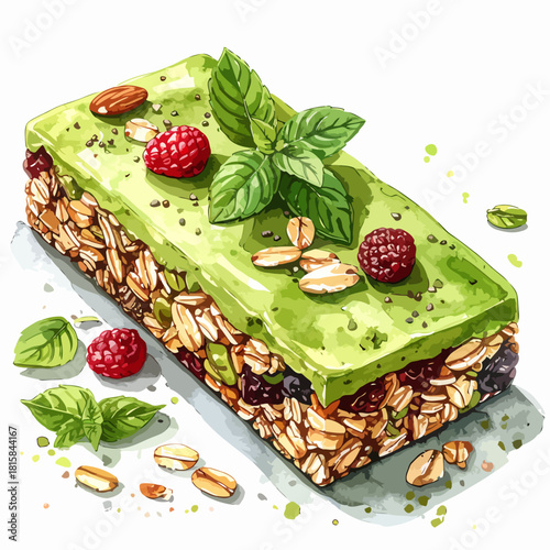 Delicious Granola Bar with Matcha Glaze and Fresh Berries.
