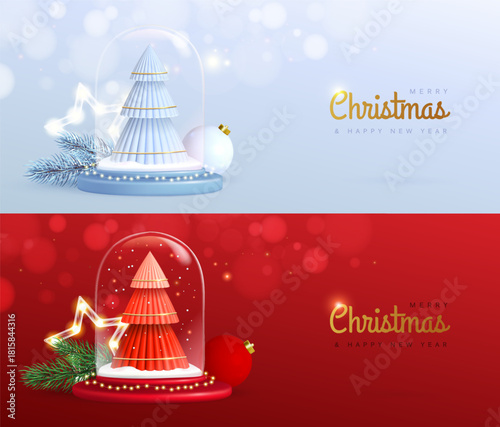 Merry Christmas and Happy New Year banner with 3d glass ball, Christmas tree, bauble and branch on red and white background. Vector illustration