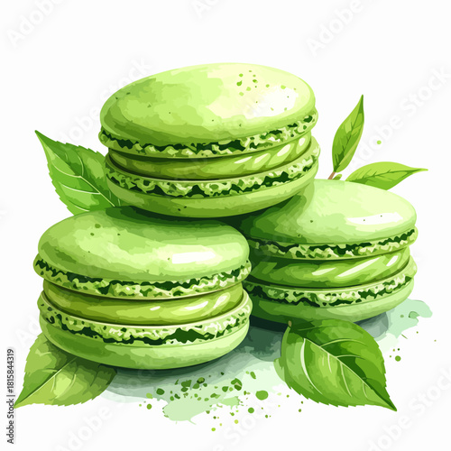 Delicious Green Macarons with Fresh Leaves, Sweet Dessert Treats.