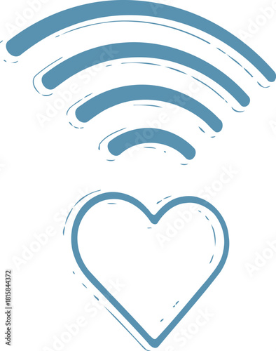Handdrawn blue heart with radiating wireless signals above, symbolizing love, connection, and digital communication, isolated on white