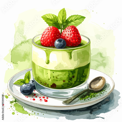 Matcha Panna Cotta Dessert with Berries and Mint Watercolor Illustration.
