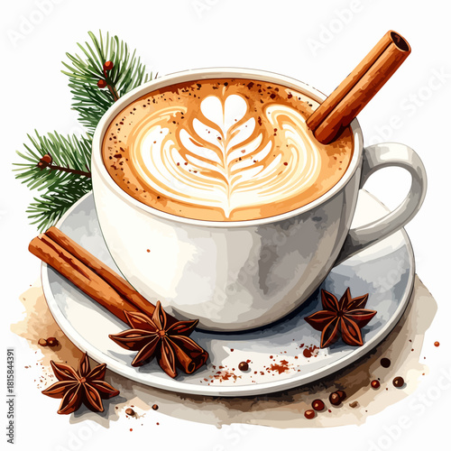 Delicious coffee cup with cinnamon sticks and star anise on a white plate.