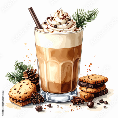 Festive Winter Coffee Drink with Whipped Cream and Cookies.