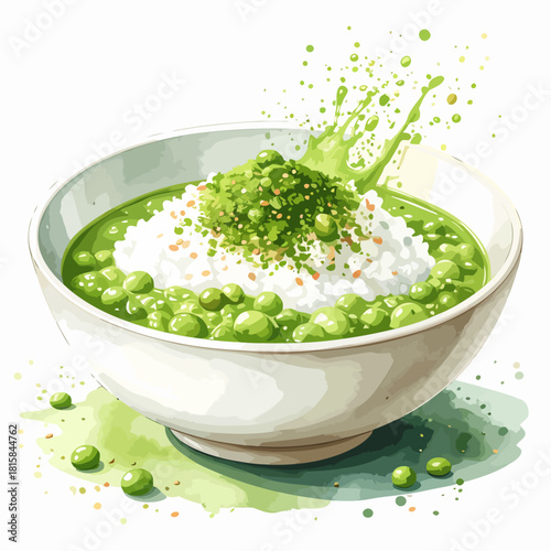 Vibrant watercolor illustration of a bowl of green pea soup with white rice.