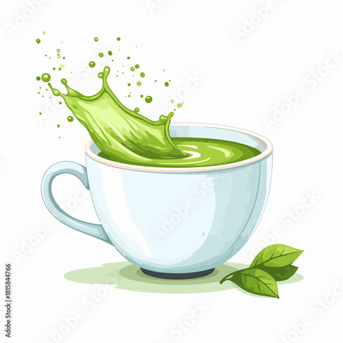 Vibrant green tea splash in white ceramic cup.