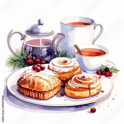 Watercolor Christmas Breakfast - Cinnamon Rolls, Tea, and Festive Berries.
