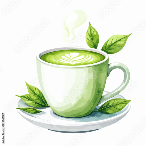 Watercolor illustration of a hot matcha green tea latte in a white cup.