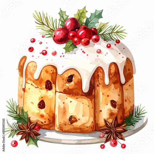 Festive Christmas Panettone Cake with Icing and Holly Berries Decoration.