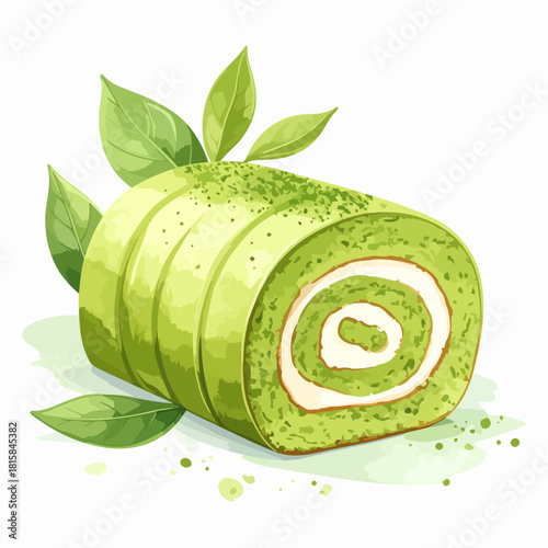 Delicious matcha green tea roll cake with fresh leaves watercolor illustration.