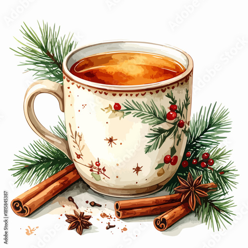 Festive winter mug of hot spiced tea with cinnamon and pine branches.