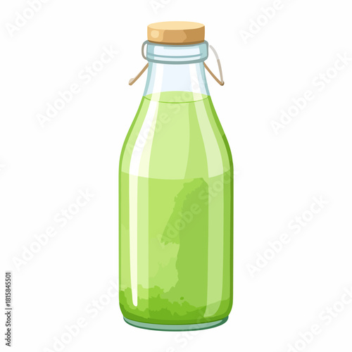 Glass bottle with refreshing green liquid beverage illustration.