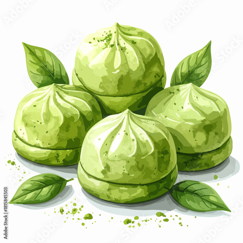 Delicious matcha green tea mochi dessert with fresh leaves and powder.