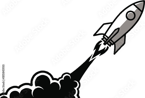 A stylized rocket launching upwards with a powerful thrust and smoke trail, symbolizing progress and success, isolated on white