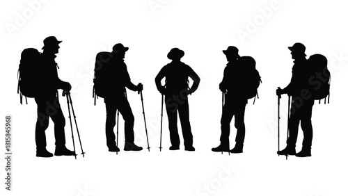 Hikers with backpacks and trekking poles silhouettes isolated on white background, Vector