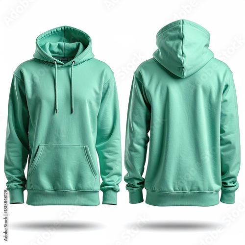 Front and back view of a mint green hoodie (1)