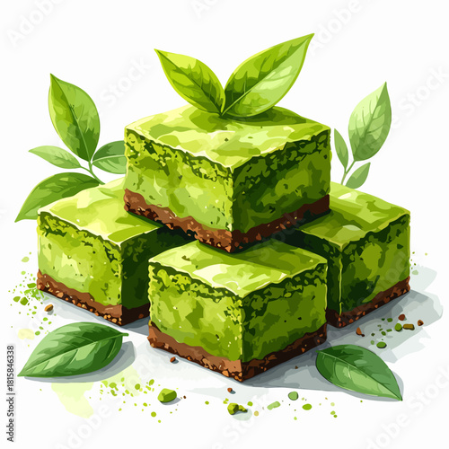 Matcha Green Tea Brownies Stacked with Fresh Leaves, Watercolor Style.