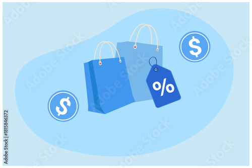 online shopping, shopping bag with discount coupon  payment, promotion and discount on shopping concept vector illustration
