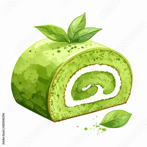 Delicious Matcha Green Tea Swiss Roll Cake Dessert with Cream.