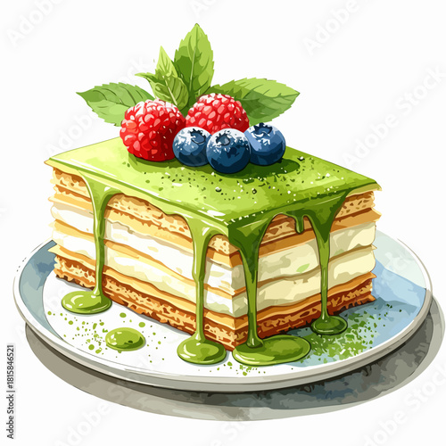 Illustration of a clear glass bottle filled with a light green liquid and sealed with a green cap, isolated on a white background.