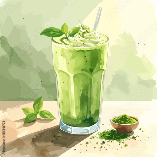 Refreshing Matcha Green Tea Smoothie with Whipped Cream and Mint Leaves.
