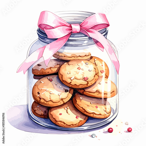 Delicious cookies in a glass jar tied with a pink ribbon.
