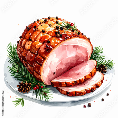 Delicious glazed ham with cloves and peppercorns on a plate for Christmas dinner.