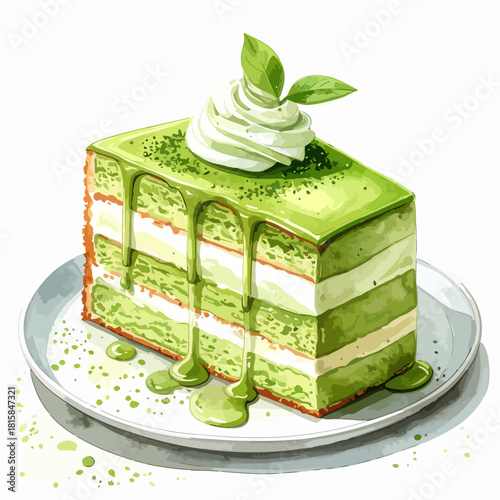 A delicious slice of layered matcha green tea cake with cream and drizzle.