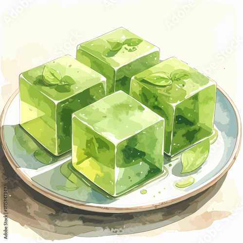 Refreshing Green Tea Jelly Cubes with Mint Leaves on a Plate.