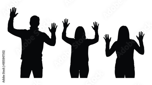 Silhouettes of people with raised hands isolated on white background, Vector