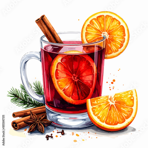 Festive mulled wine with orange slices and cinnamon sticks.