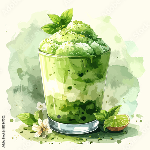 Refreshing Matcha Green Tea Smoothie in a Glass with Mint Leaves.