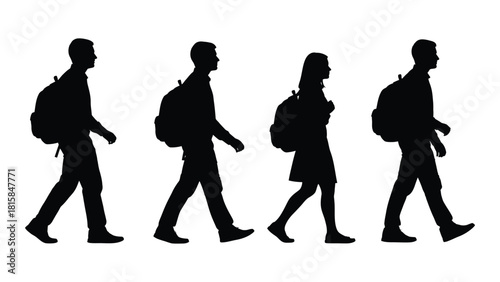 Silhouettes of students with backpacks walking isolated on white background, Vector