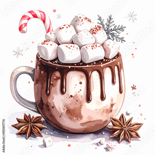 Watercolor illustration of a festive hot chocolate mug with marshmallows and candy cane.