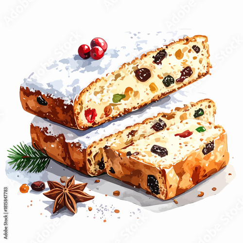 Delicious traditional German Christmas stollen slices with powdered sugar.