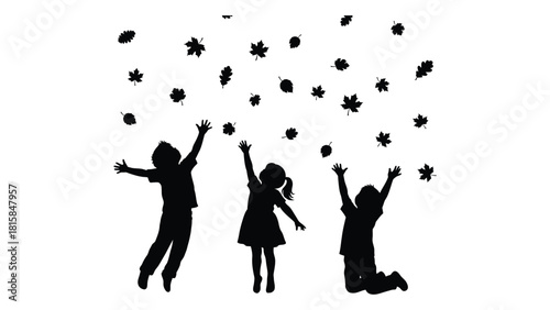 Children playing with autumn leaves silhouette isolated on white background, Vector