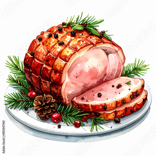 Festive Christmas glazed ham roast watercolor illustration isolated on white.