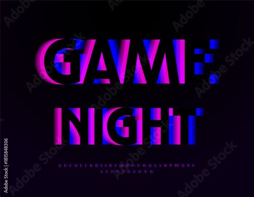 Vector Digital icon Game Night. Bright Cyber Font. Glitched Effect Alphabet Letters and Numbers set.