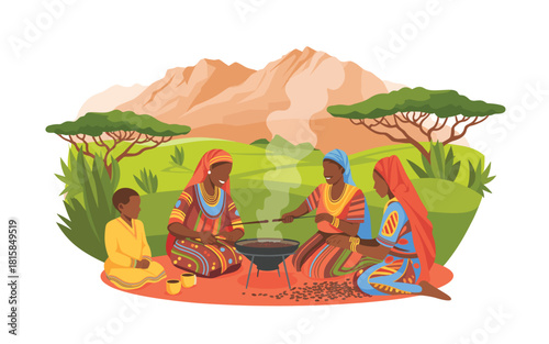 Traditional Coffee Ceremony: African Women Roasting Beans Over Open Fire in a Rural Setting, Showcasing Culture and Community with Child
