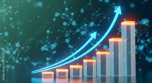 Rising bar graph with arrows showing growth and positive trend in business