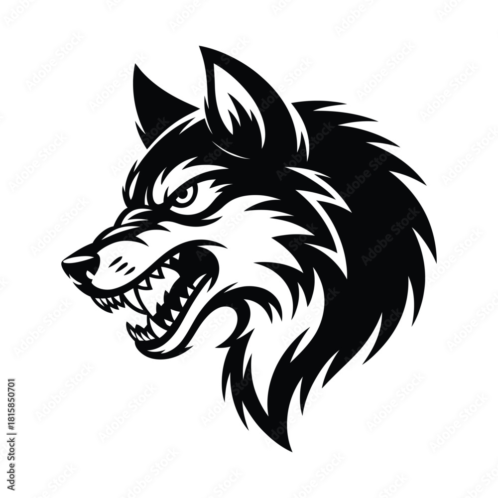 Obraz premium Illustration of a fierce wolf head isolated on, showcasing its sharp teeth and intense gaze, perfect for logos and designs
