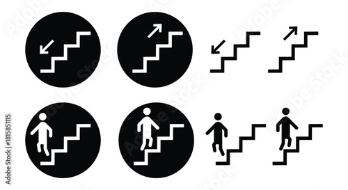 Stairs Direction Icons Set – Up and Down Arrow Symbols, Walking Person Pictograms, Safety Direction Vector Illustration