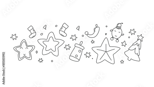 Cute hand-drawn christmas icons: stars, stockings, tree, and character