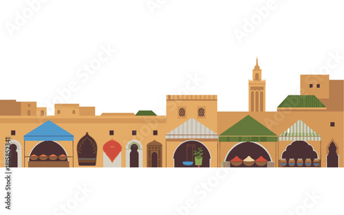 Vibrant Moroccan Medina Illustration with Market Stalls, Mosques, and Architecture; Ideal for Travel, Tourism, or Cultural Representations in a Clean Design.